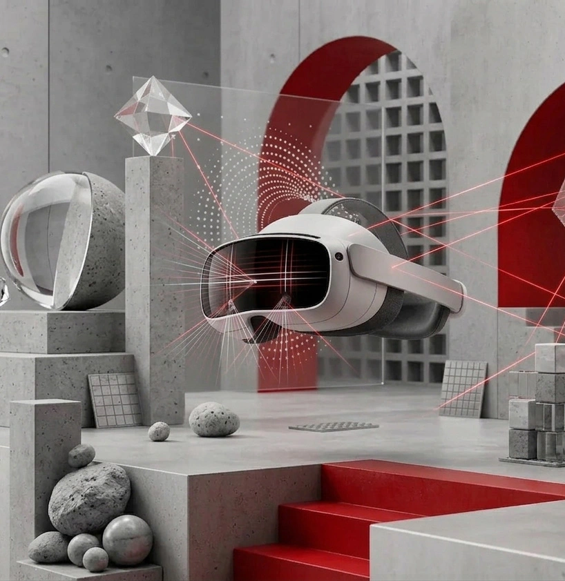 Immersive AR and VR experience visual with layered spatial forms and a red signal
