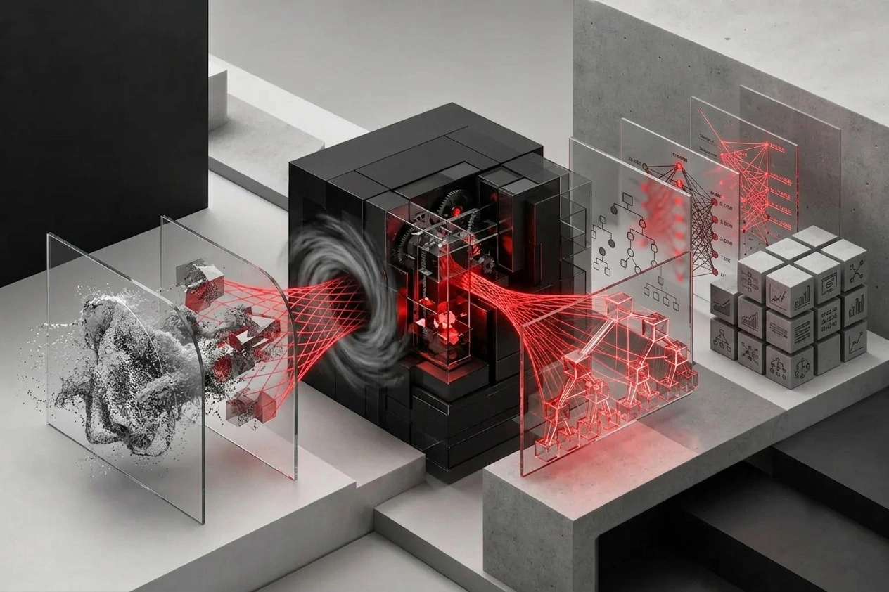 Artificial intelligence system visual with connected data blocks and a red signal path