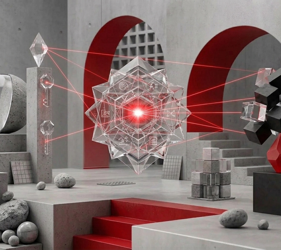 Blockchain product system with connected interface panels and a red path