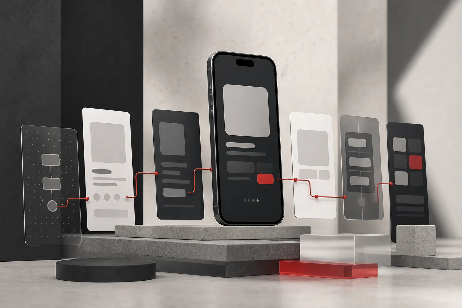 Product teammates reviewing a mobile app interface and wireframes together