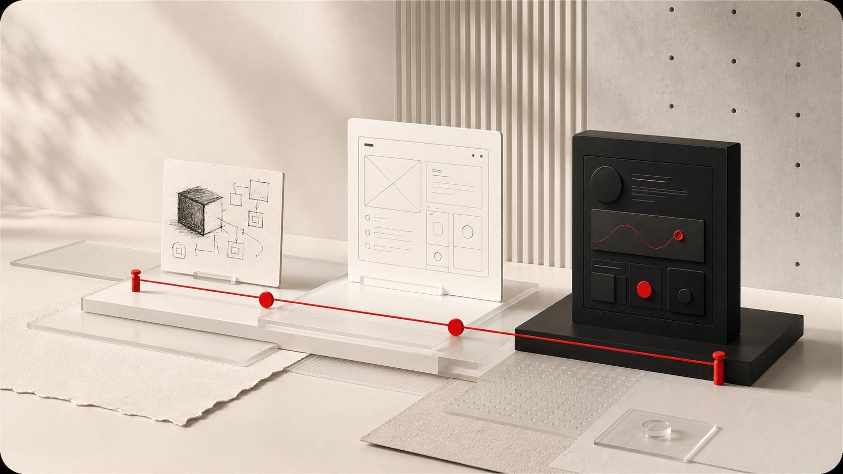 Connected interface system showing a product journey from concept to operation