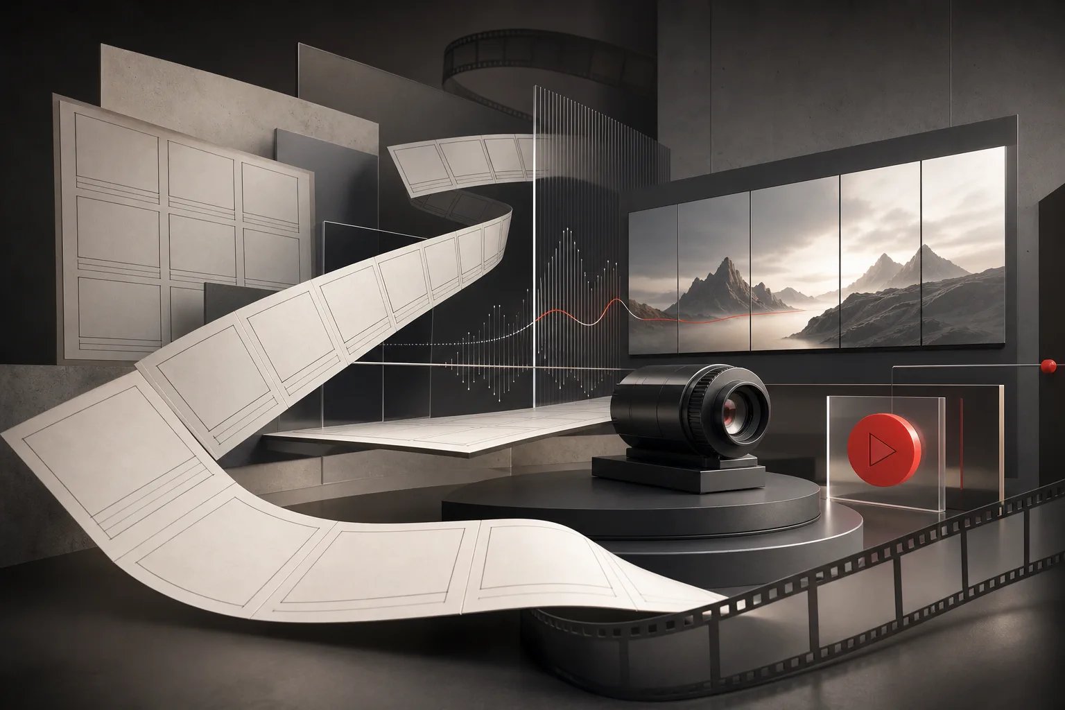 Abstract visual storytelling studio with storyboard frames, film strips, a camera lens, and red play marker